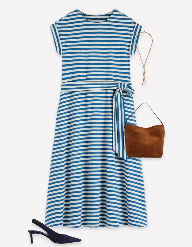boden blue and white striped dress Eve Jersey Midi - Ivory Stripe Color:Multi/Ivory 4th of july The Black Dress Edit Pick it now for