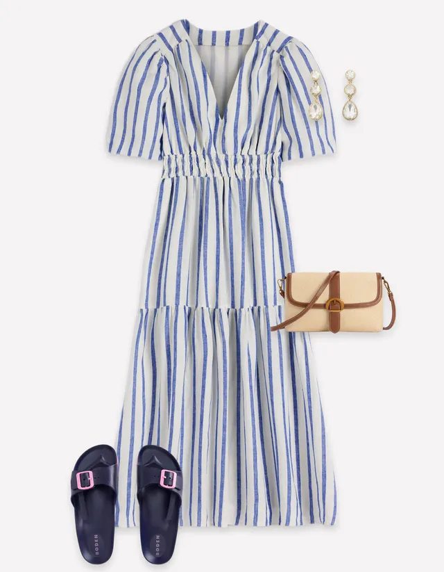 Irene Linen Midi Dress - Blue Stripe
