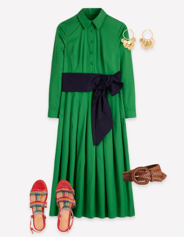 Maxi Pleated Bow Dress - Green Navy