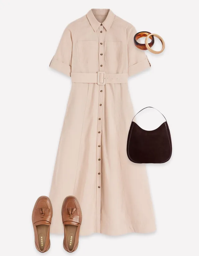 casual lunch dress Ora Linen Blend Shirt - Coffee Size:16P soltera back outings Book a Free Birthday Linen dress
