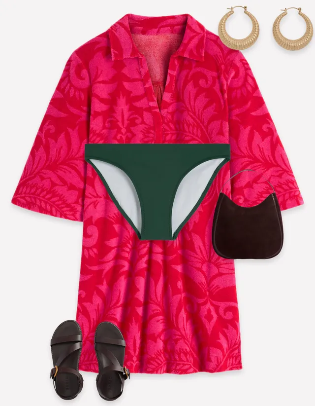 Short Collared Towelling Dress - Merida Red, Ornamental Foliage