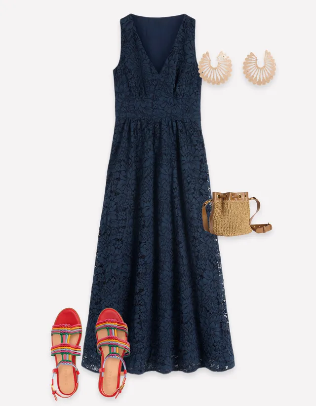 Lace Plunge Neck Panel Dress - Navy