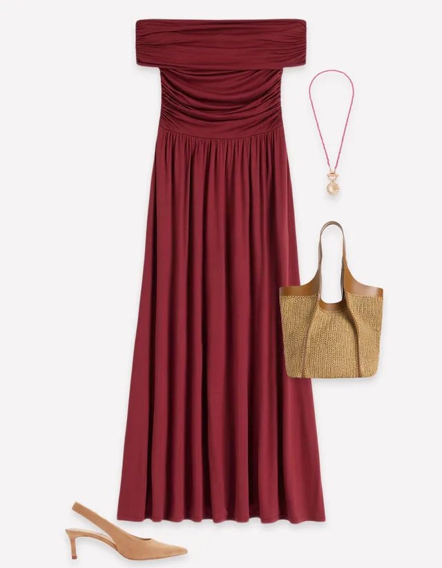 boden burgundy dress Ruched Bardot Maxi - The shoulder