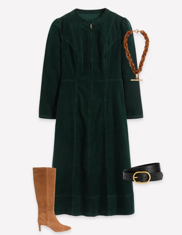 Una Cord Midi Dress - Midnight Emerald